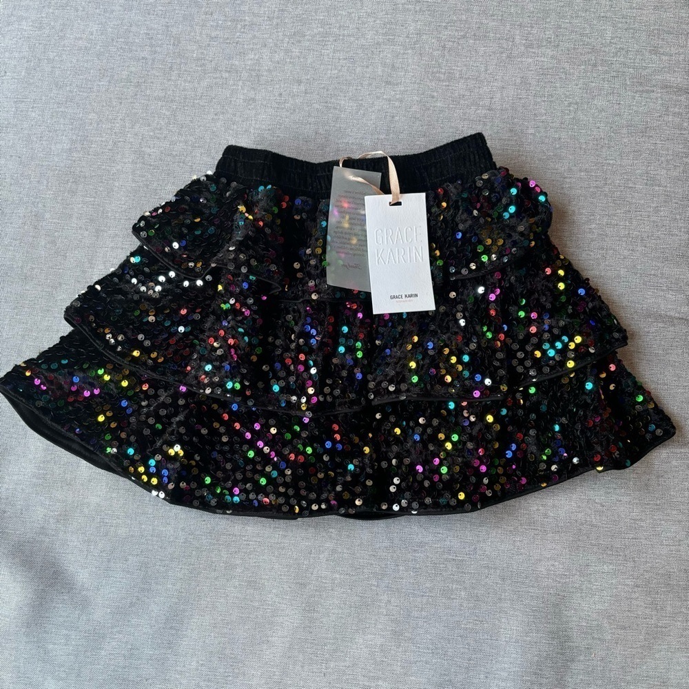 GRACE KARIN Girls Sequin Skirt Girls Fashion Party Three Layer Ruffle Skirt - Picture 3 of 8